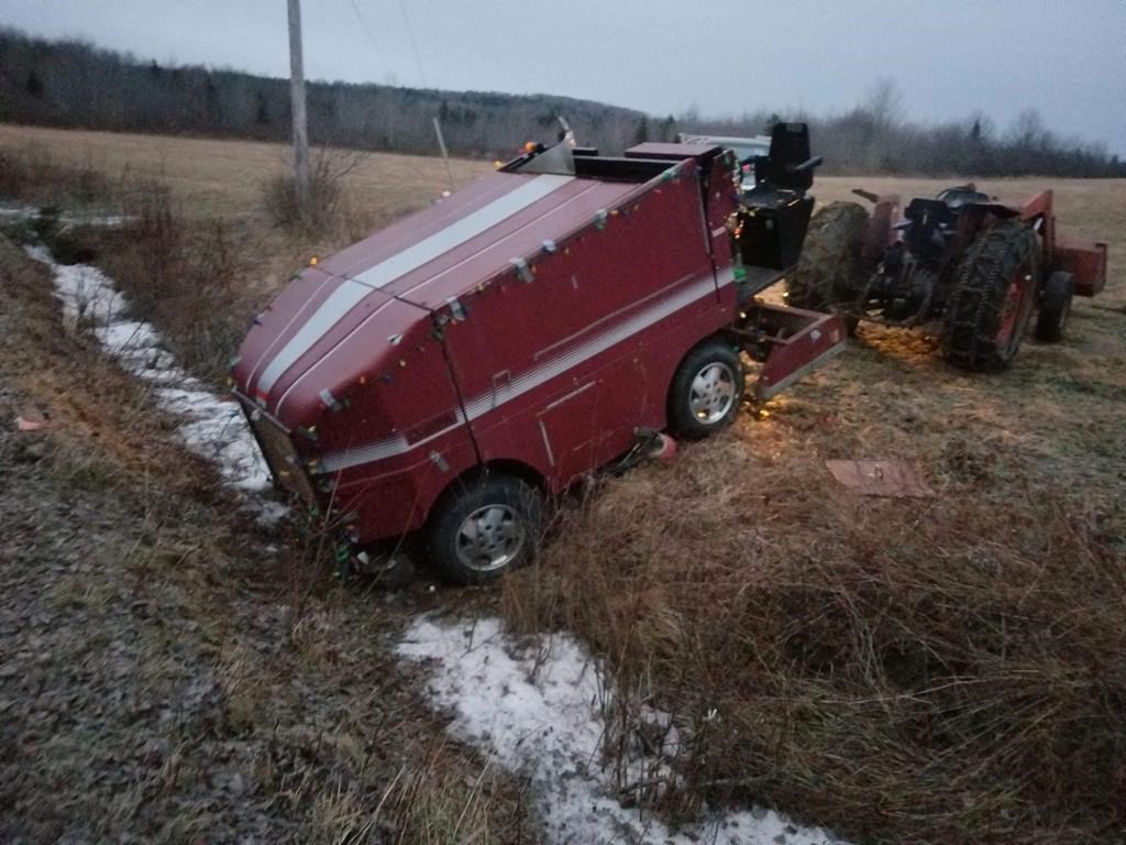 A Zamboni that got stuck in a ditch during an overnight storm in Nova Scotia is shown in a handout photo provided by Jake Ross. Ross found the Zamboni in a ditch near his home on Monday.