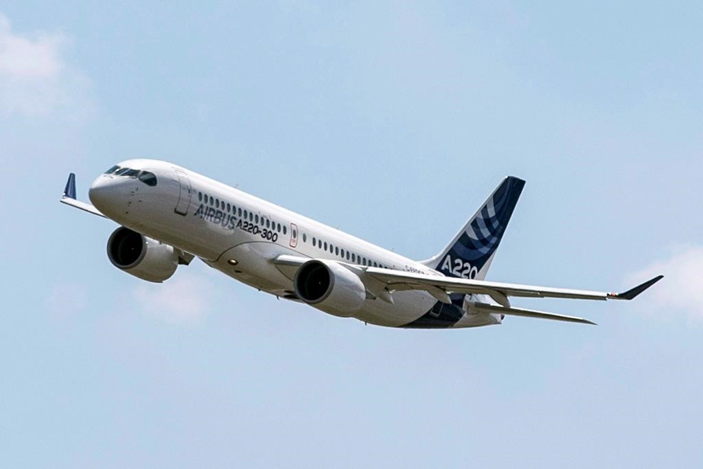 FILE -- An Airbus A220 lands at Toulouse-Blagnac airport, southwestern France, Tuesday, July 10, 2018.