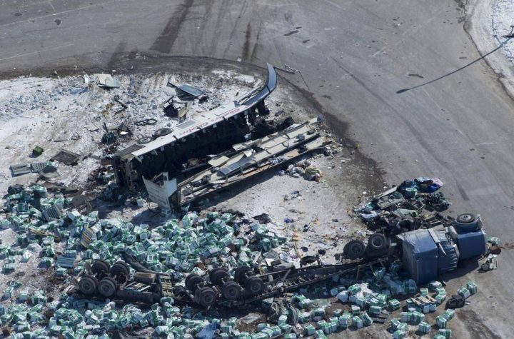 The wreckage of a fatal bus crash carrying members of the Humboldt Broncos hockey team outside of Tisdale, Sask., is seen on April, 7, 2018. THE CANADIAN PRESS/Jonathan Hayward