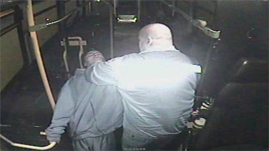 Bus driver Irvine Fraser (right) and passenger Brian Thomas are shown in surveillance video.