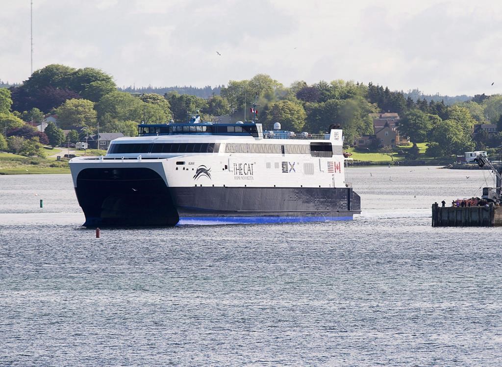The CAT, a high-speed passenger ferry, departs Yarmouth, N.S. heading to Portland, Maine on its first scheduled trip on Wednesday, June 15, 2016.