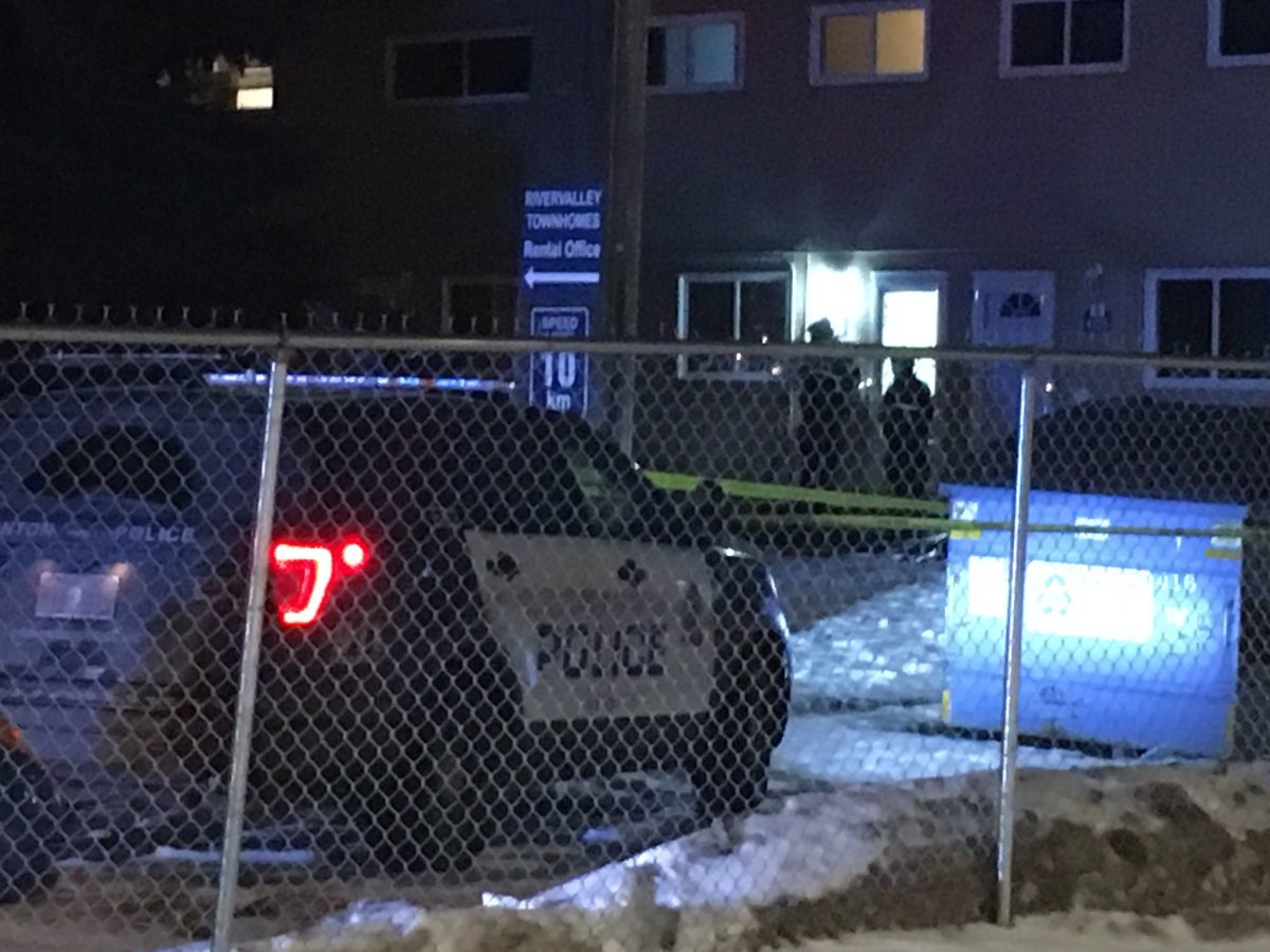 Edmonton police at an apartment building in the southeast Gold Bar area, where an officer-involved shooting left a 26-year-old man dead Wednesday night. January 2, 2018. 
