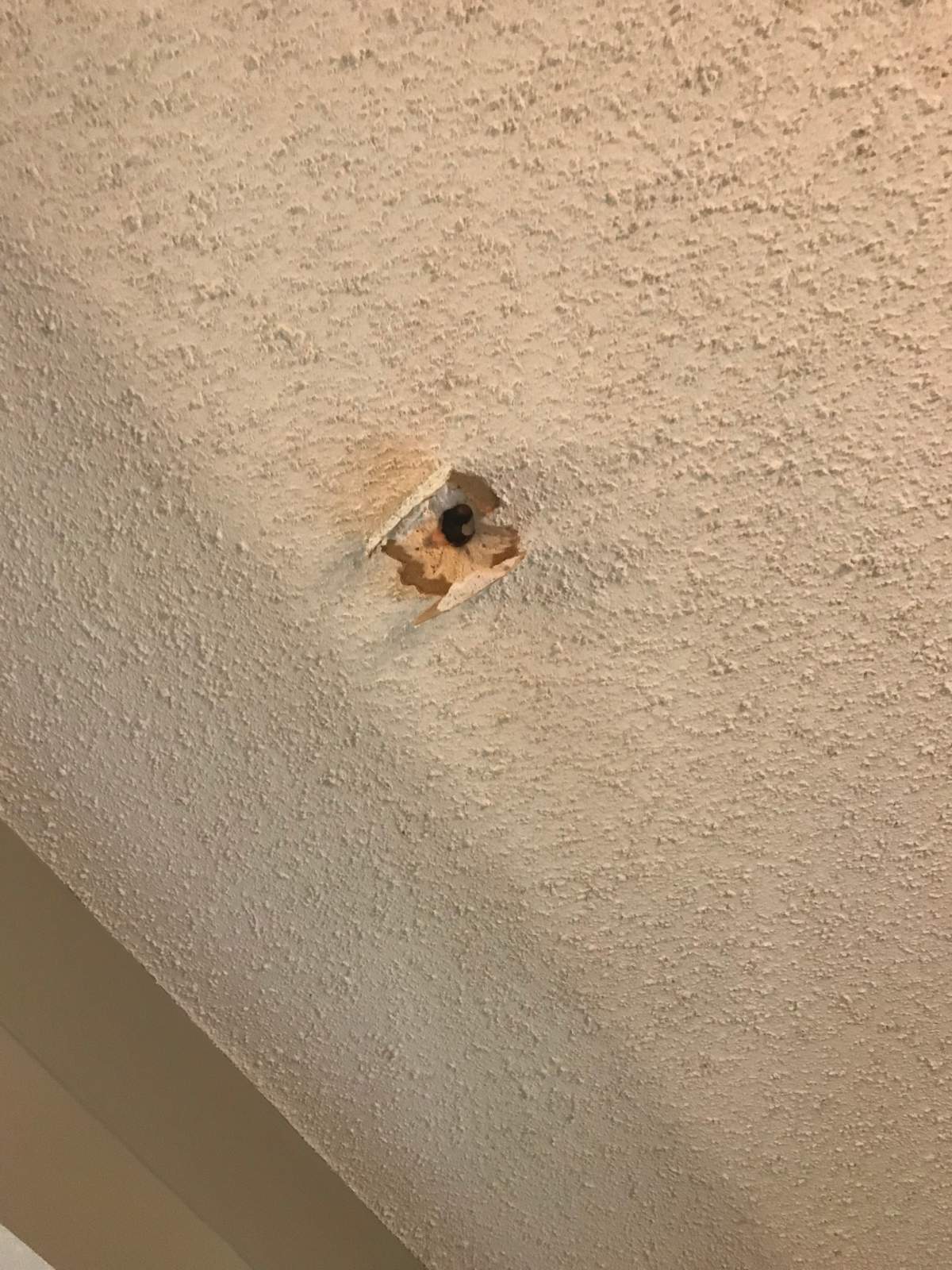 The hole left in Bruce Foster’s ceiling after a bullet pierced his roof.