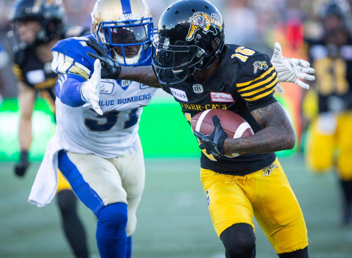 Hamilton Tiger-Cats wide receiver Brandon Banks (16) tries to fend off Winnipeg Blue Bombers defensive back Maurice Leggett (31) during first quarter CFL game action in Hamilton, Ontario on Friday, June 29, 2018.