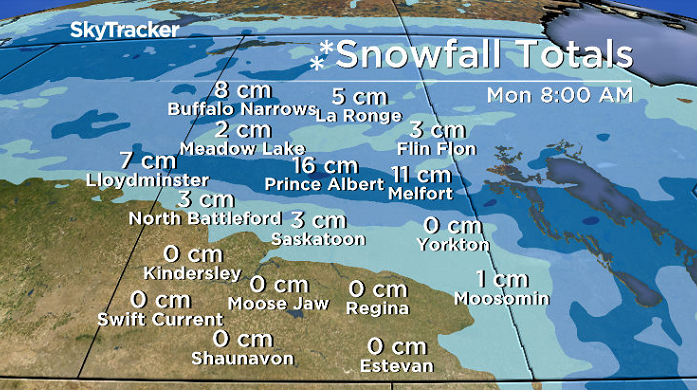 A range of 3 to 16 centimetres of snow is possible in parts of central and northern Saskatchewan over the weekend.