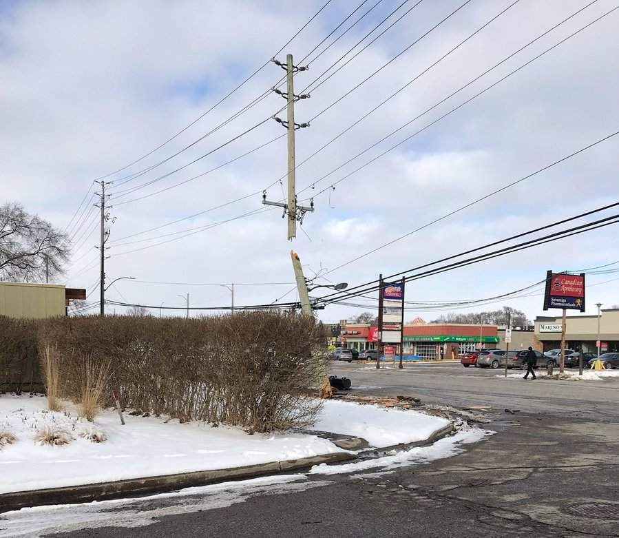 The remnants of a vehicle-hydro pole collision on Adelaide Street at Lambton Street.