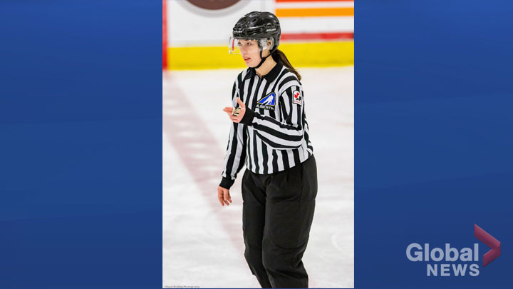 Referee Cassandra Gregory works the Mac's midget triple-A tournament in Calgary in a Dec.31, 2018 photo. Gregory's talent as a hockey linesman was recognized when she was assigned to work the men's final at the prestigious annual midget triple-A tournament. 