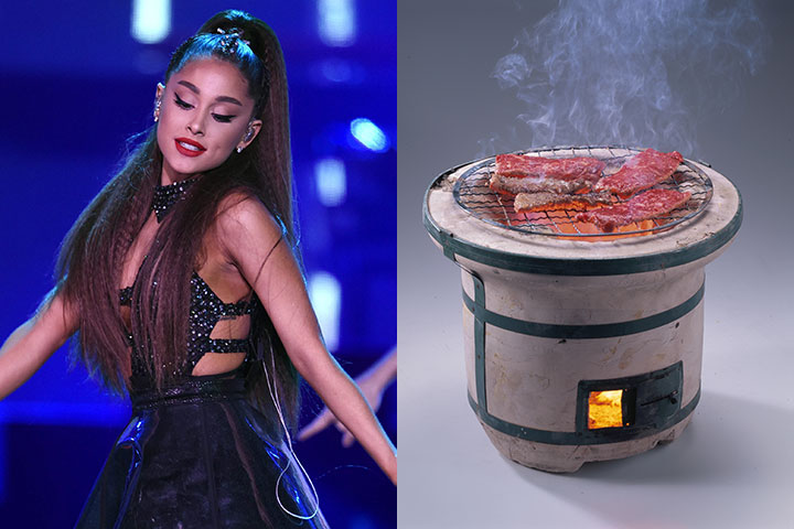 Ariana Grande, left, and a portable traditional Japanese charcoal grill used for barbecuing are pictured in these undated file photos.