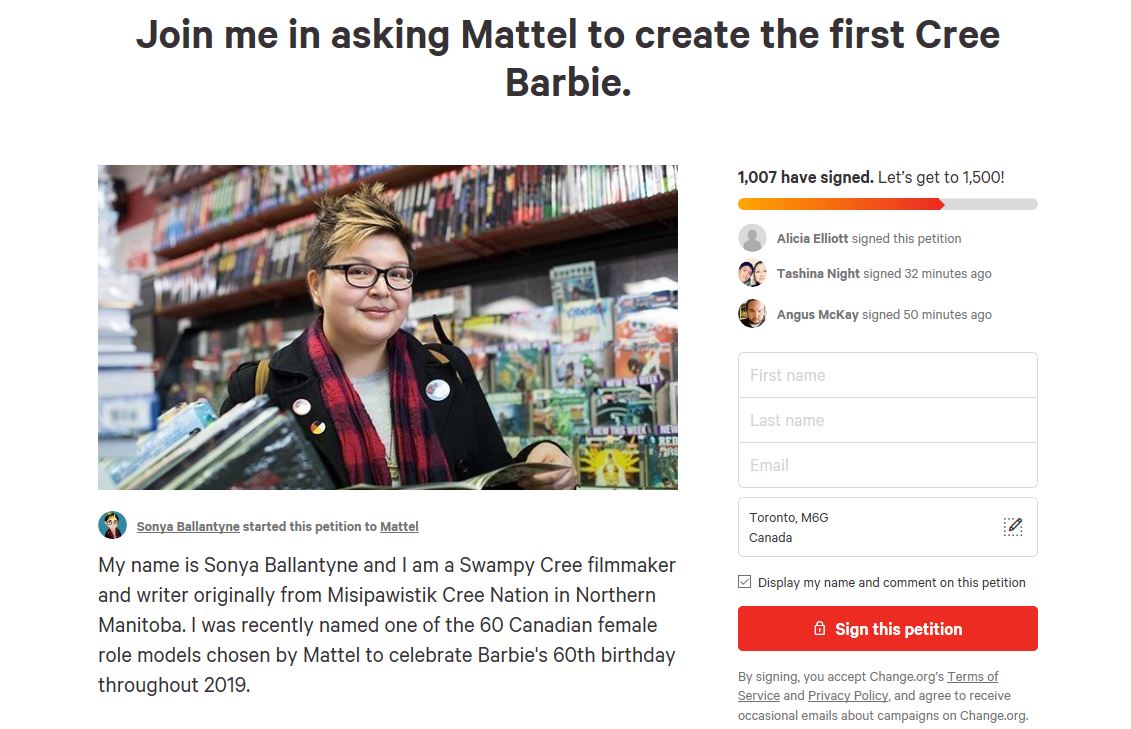 A Manitoba filmmaker has started a petition with a goal of encouraging Mattel to create a Cree Barbie.