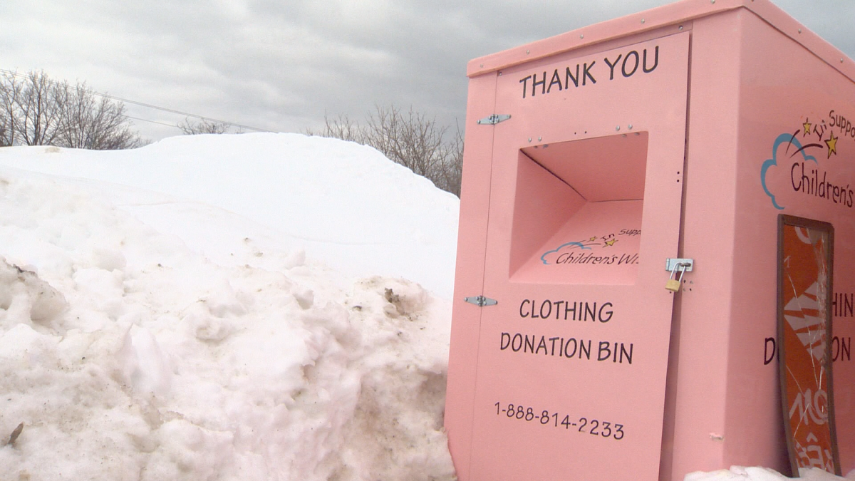 The clothing donation bin where a 60-year-old woman was trapped during a snowstorm in Miramichi, N.B. 
