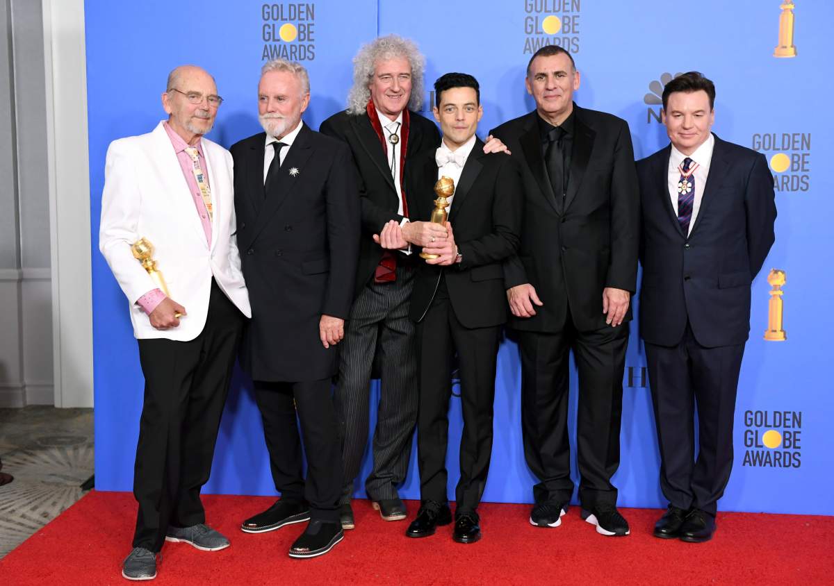 (L-R) Jim Beach, Roger Taylor and Brian May of Queen, Rami Malek, Graham King and Mike Myers at The Beverly Hilton Hotel on Jan. 6, 2019 in Beverly Hills, Calif.