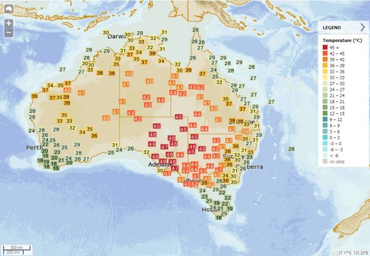 This map released by Australia’s Bureau of Meteorology shows daytime high temperatures, in Celsius, across the country on Jan. 24, 2019.