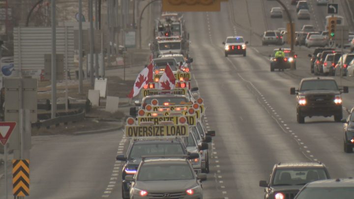 Traffic was at a standstill as a convoy moved along Macleod Trail in Calgary on Saturday.