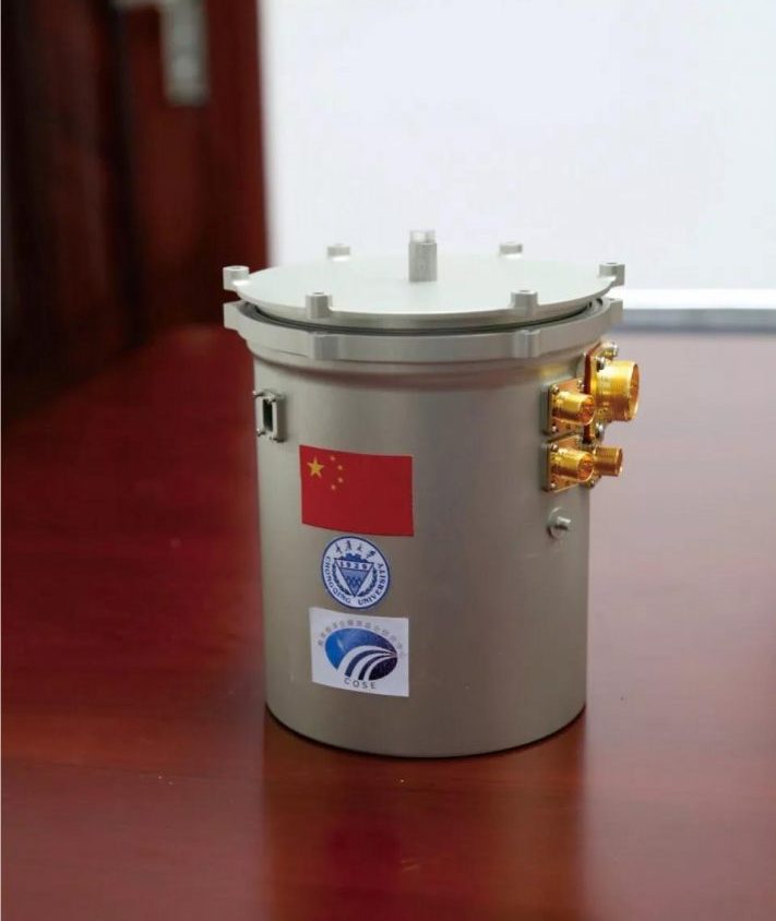 An experimental farm canister is shown at Chongqing University in Chongqing, China, before it was installed on the Chang’e 4 lunar lander.