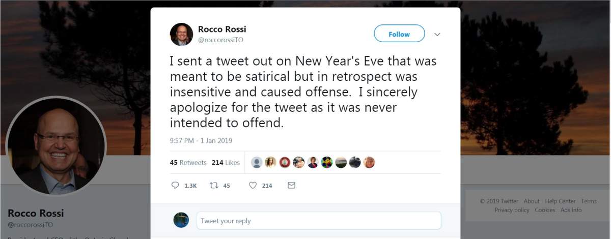 Rocco Rossi apologizes on New Year’s Day.