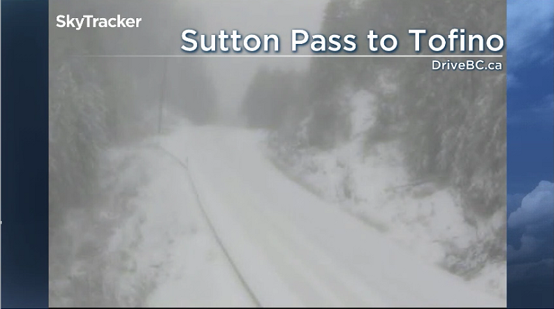 Highway 4 between Port Alberni and Tofino covered in snow Tuesday.
