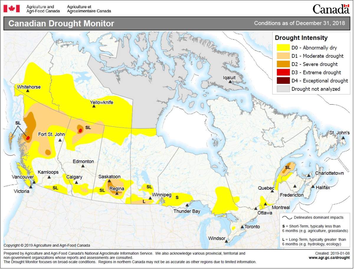 The Canadian Drought Monitor shows southern Alberta abnormally dry and some regions in a moderate drought.