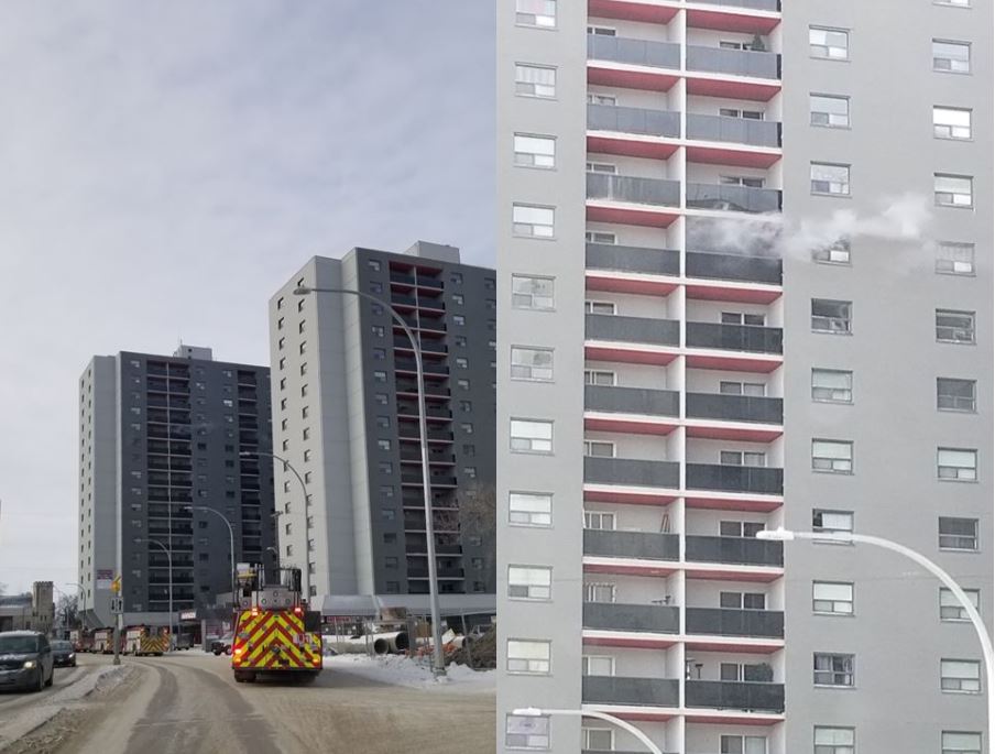 Crews battle a blaze at a 17-storey apartment in downtown Winnipeg.