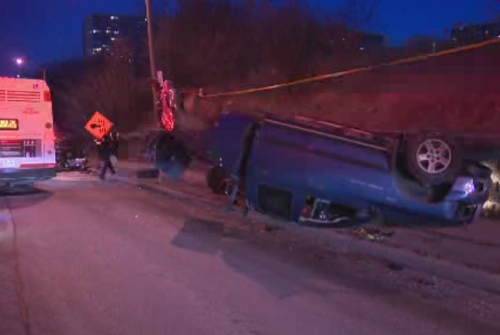 Three people were injured following a multi-vehicle crash at Eglinton Ave. and Bermondsey Rd. in Toronto on Jan. 10,  2019.