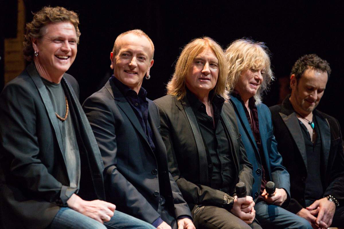 (L-R) Musicians Rick Allen, Phil Collen, Joe Elliott, Rick Savage and Vivian Campbell of Def Leppard at House of Blues on March 17, 2014, in West Hollywood, Calif.