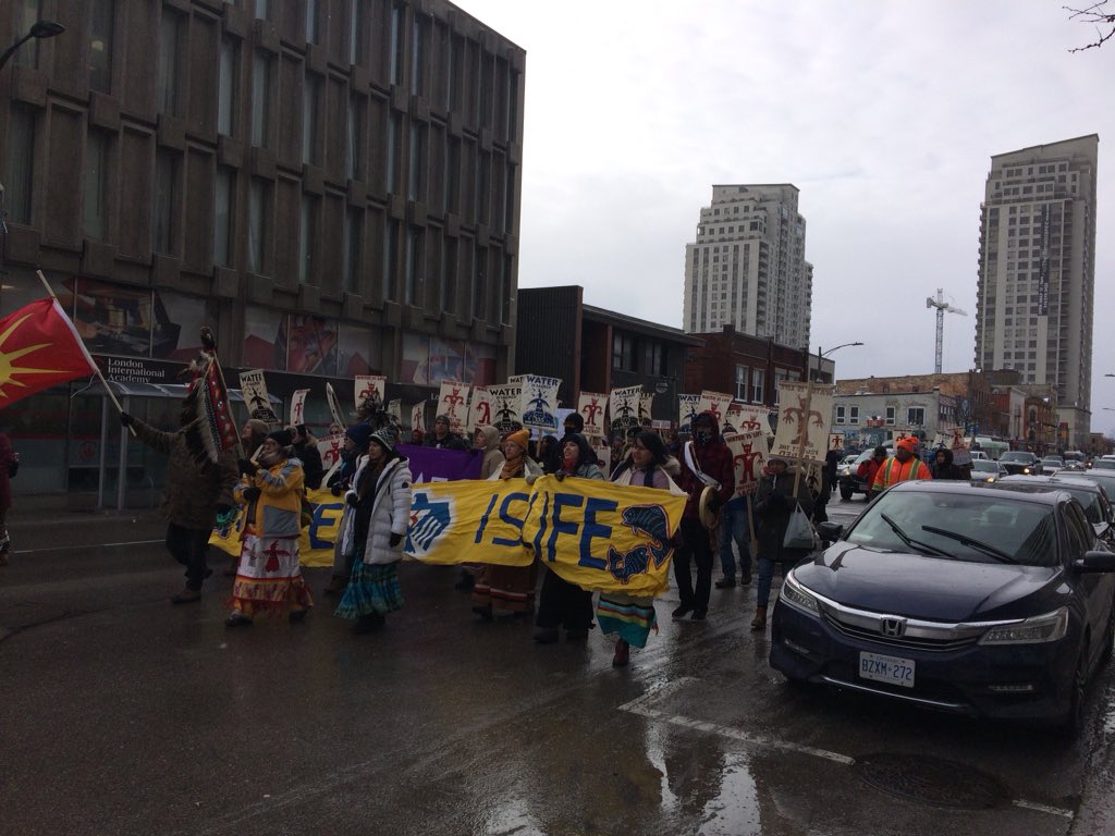Dozens of members of local Indigenous communities protested through the streets of downtown London on Wednesday, Jan. 9, 2019 in solidarity with Wet'suwet'en First Nation, which is fighting against the construction of a pipeline in British Columbia. 
