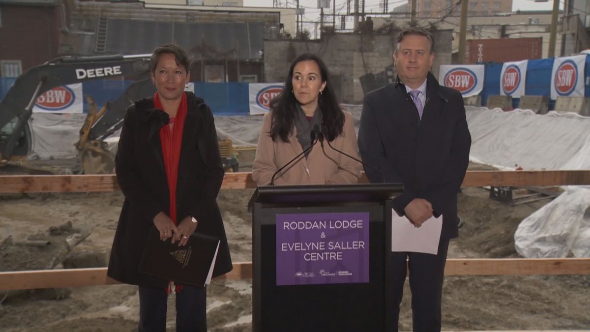 Vancouver-Mount Pleasant MLA Melanie Mark and Vancouver Mayor Kennedy Stewart speak at the kickoff of construction for the new Roddan Lodge. 