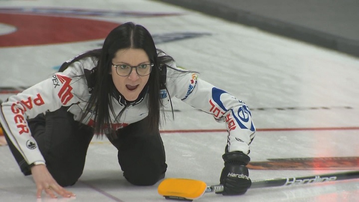 Kerri Einarson calls for the sweepers during action on Thursday at the Manitoba Scotties Tournament Of Hearts in Gimli.