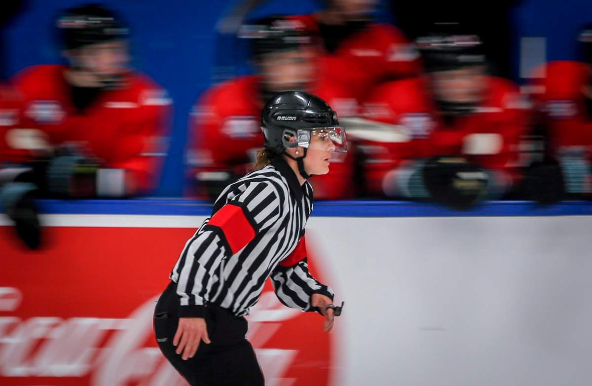 Referee Erica Holmes officiates a game at the Mac’s Tournament in Calgary, Alta., Thursday, Dec. 27, 2018.