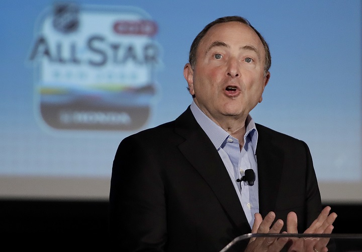 NHL Commissioner Gary Bettman speaks at a news conference in San Jose, Calif., on Friday, Jan. 25, 2019. The NHL All Star Game is scheduled for Saturday afternoon.