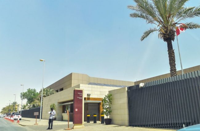 A man stands outside the Canadian embassy in the Saudi capital Riyadh, Aug. 7, 2018.