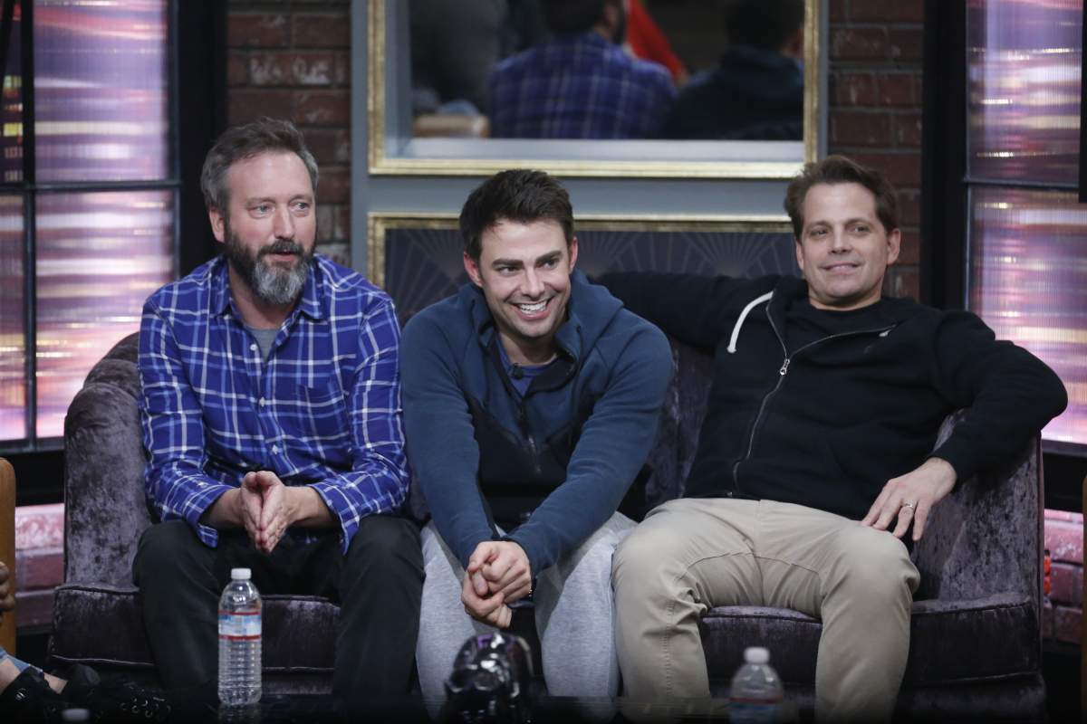 L-R: Tom Green,Jonathan Bennett and Anthony Scaramucci. (Photo by Sonja Flemming/CBS via Getty Images)