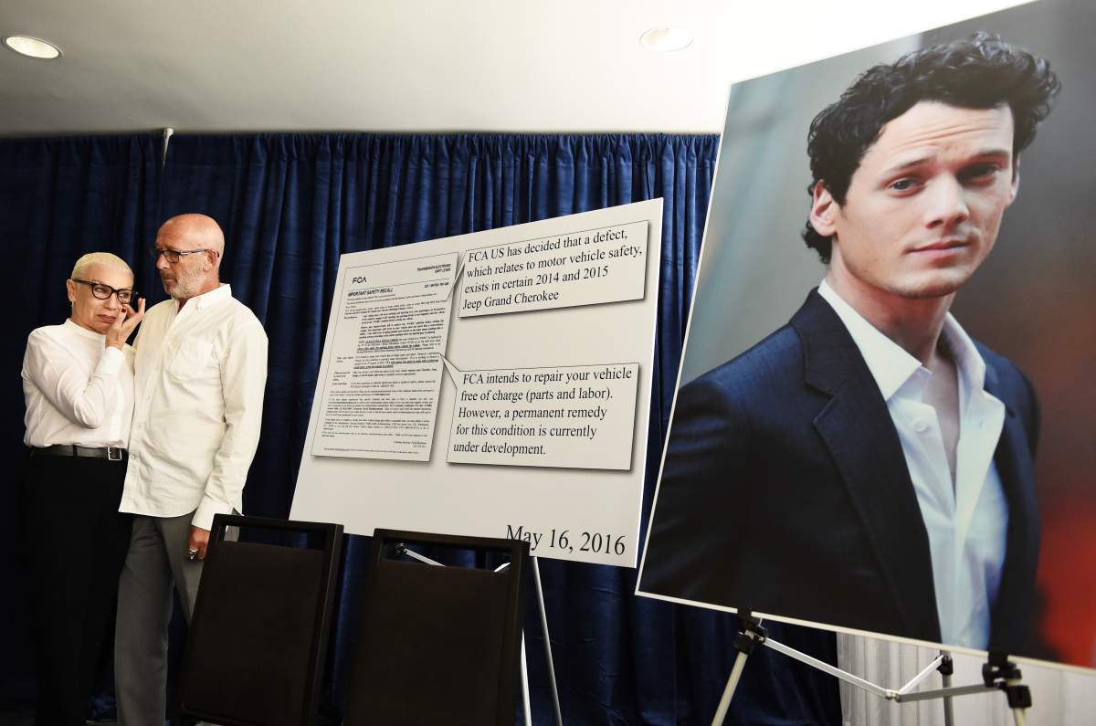 Actor Anton Yelchin's parents Irina Yelchin (L) and Viktor Yelchin hold a press conference regarding the accidental death of their son on Aug. 2, 2016, in Beverly Hills, Calif.