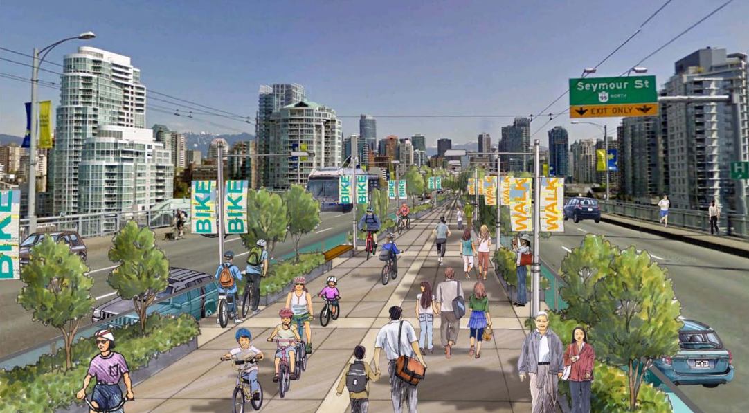 An earlier draft rendering of the Granville Bridge with two traffic lanes reallocated. A proposal going to council next week envisions removing four traffic lanes.