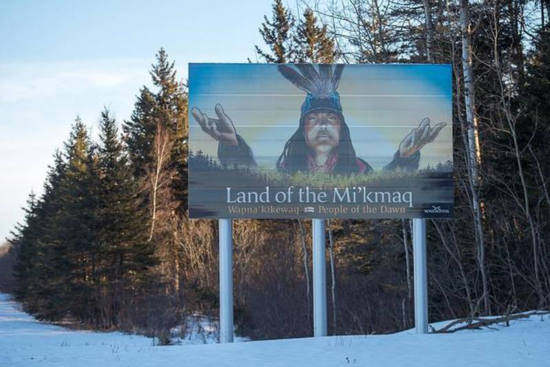 A billboard-size highway sign that highlights the province's rich Mi'kmaq heritage stands along the Trans-Canada Highway near Amherst, N.S. on Monday, Jan. 14, 2019. 