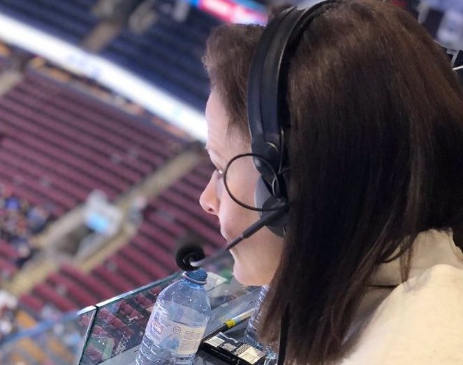 Sportscaster Leah Hextall  calling the CWHL all-star game.