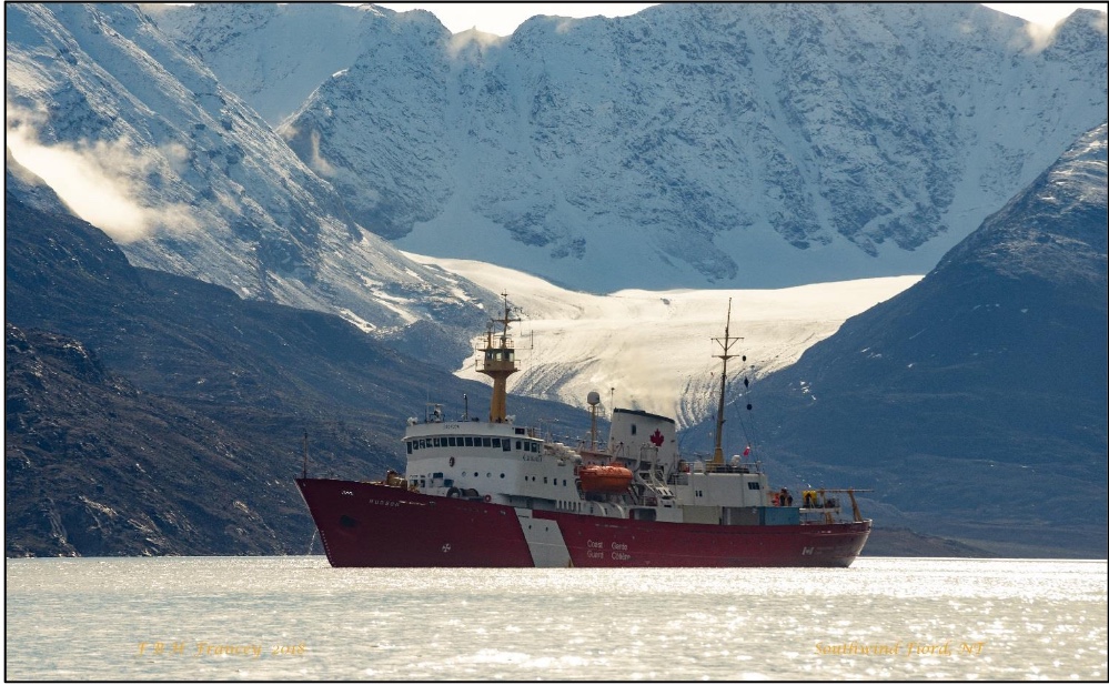 The CCGS Hudson explores the Southwind Fjord in Baffin Bay, Nunavut in the fall for 2018. The photograph was taken by ship Captain Fergus Francey and published by Natural Resources Canada in the scientific report on that mission.