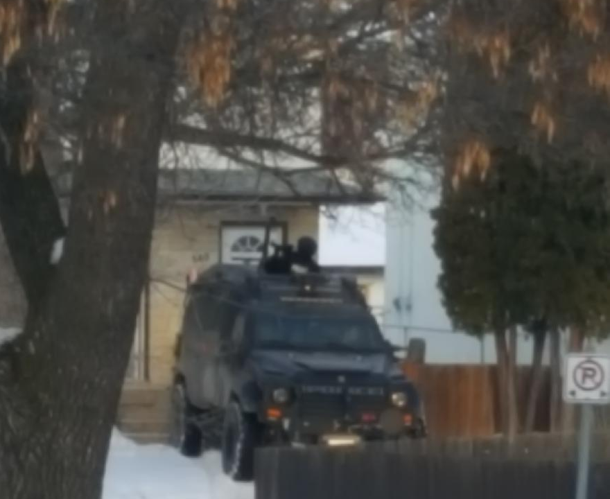 A police armoured vehicle is on site at an East Elmwood incident.