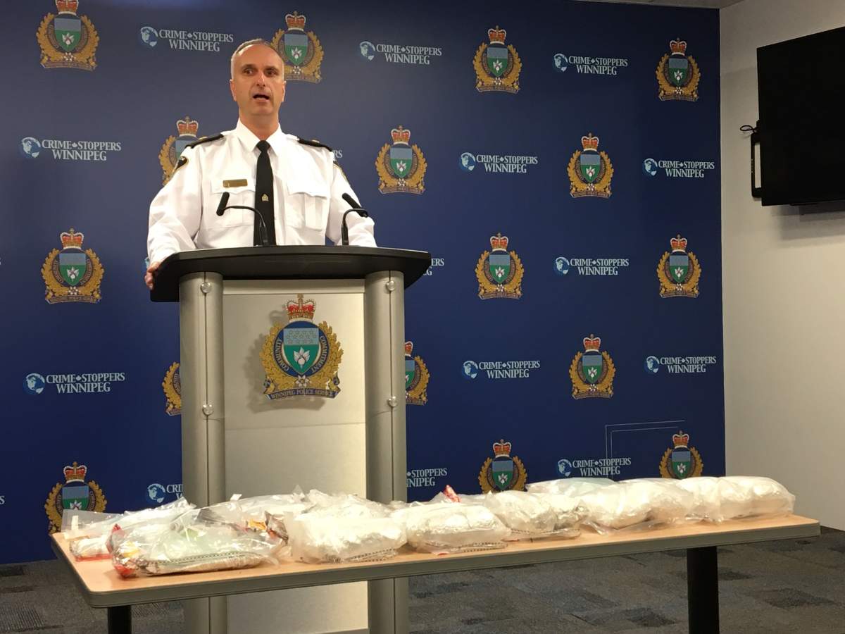 Insp. Max Waddell in front of 6 kilos of meth displayed on a table to media Jan. 11, 2019.