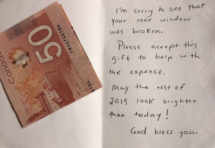A Vancouver woman wants to thank the Good Samaritan who left her a note and $50 after her car was broken into. 