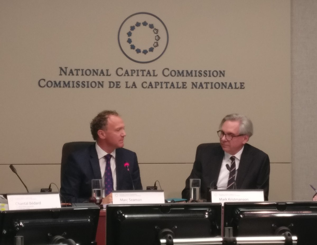 Marc Seaman, chair of the National Capital Commission's (NCC) board of directors, and outgoing NCC CEO Mark Kristmanson are pictured at the board's meeting in Ottawa on Jan. 24, 2019.