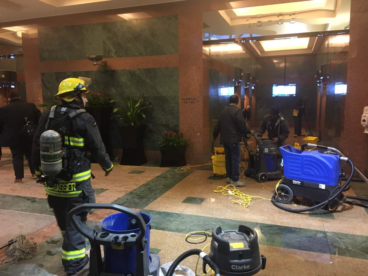 The scene at 201 Portage Avenue after water flooded the floor. 