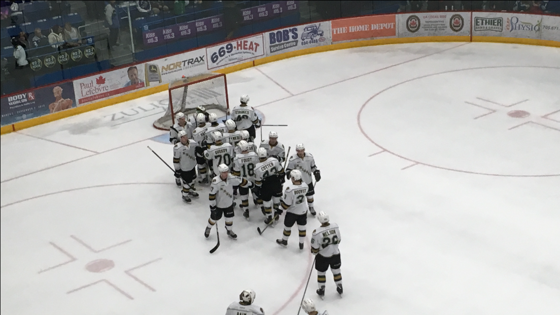 London, Ont. - The London Knights celebrate a 5-3 victory over the Sudbury Wolves at Sudbury Arena on January 18, 2019.