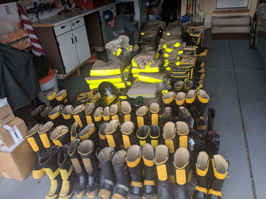 Donated bunker gear, being sorted for the trip south.