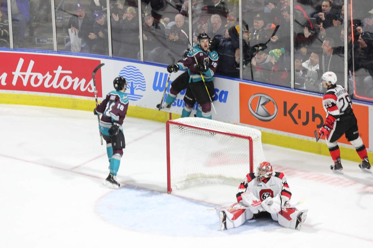 London, Ont. - Kevin Hancock of the London Knights celebrates a goal against Michael DiPietro in a 5-3 Knights win over the Ottawa 67's at Budweiser Gardens.