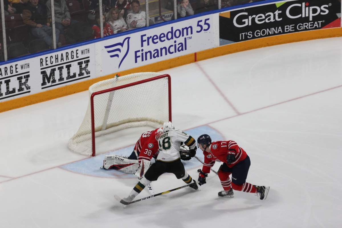 Knights forward Liam Foudy scores on a deke in the third period.