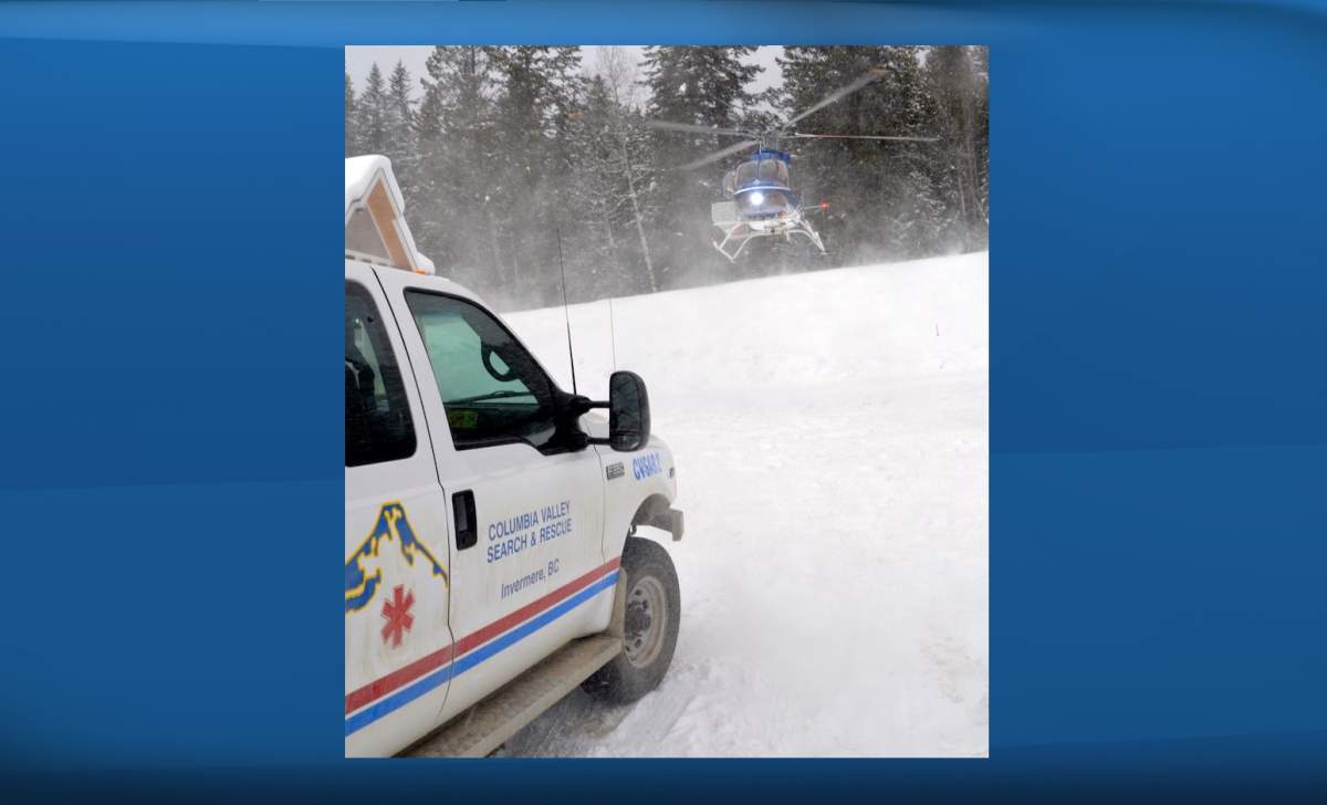 Photo posted to the Columbia Valley RCMP website of a search and Rescue helicopter and truck near Invermere, B.C. on Saturday, Jan. 12, 2019.