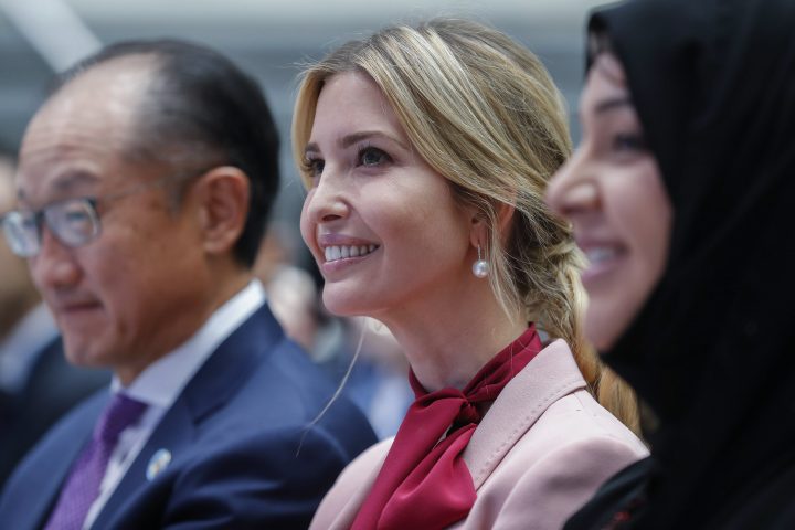 Ivanka Trump, centre, with World Bank President Jim Yong Kim, left, and Minister of State for International Cooperation United Arab Emirites Reem Bint Ebrahim al Hashimy, are shown at the 2017 IMF World Bank Group annual meetings at the IMF headquarters in Washington, D.C., on Oct. 14, 2017.