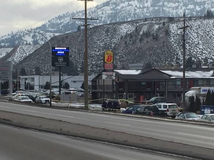 Police tape surrounds a portion of the Super 8 Hotel in Kamloops.