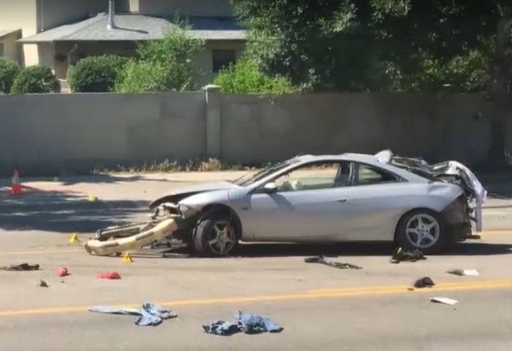Highway 33 in Kelowna was closed for several hours on June 20, 2018, when this speeding silver coupe hit a concrete wall.