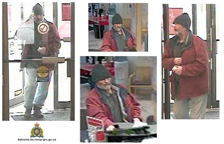 collage of four images captured from video surveillance footage, which show the suspect entering the Scotiabank on Highway 33 in Kelowna and standing at a wicket.